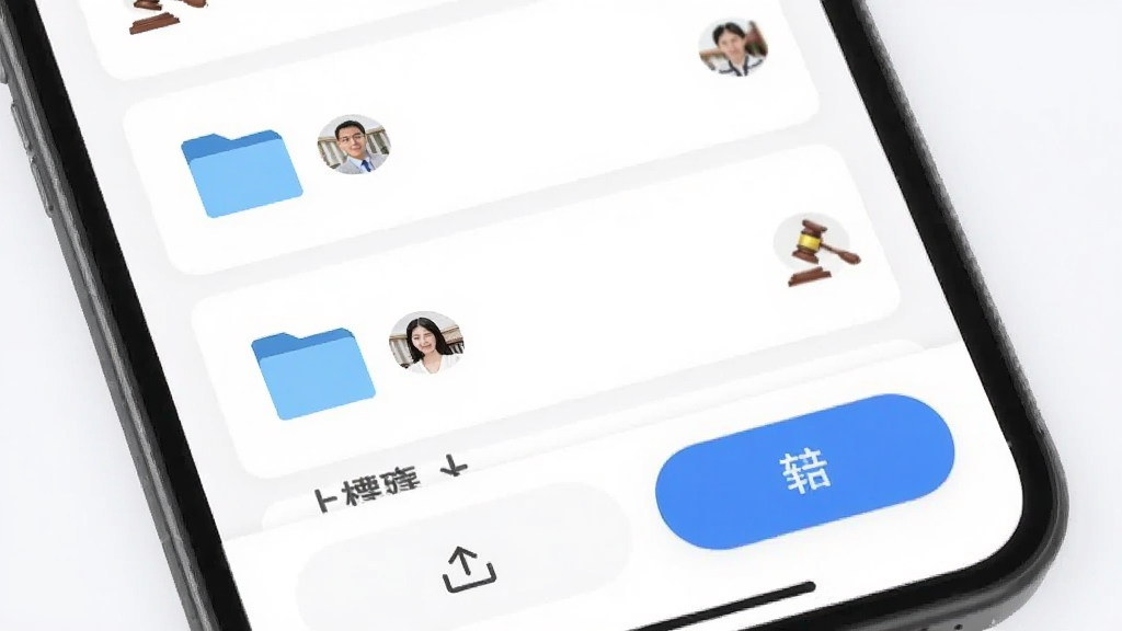 律师镖局 文档协作界面 手机屏幕展示云端文件夹列表 文件图标旁有协作者头像 底部有上传和新建按钮 布局为卡片式 风格扁平化 细节柔和 画质干净 无多余元素