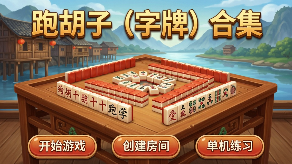 跑胡子(字牌)合集手机游戏主界面,画面中央是一张古色古香的木质麻将桌,桌面上整齐排列着红色和黑色的大字牌,背景是湖南湘江边的吊脚楼与远山,界面顶部显示“跑胡子(字牌)合集”金色立体字样,底部是“开始游戏”“创建房间”“单机练习”三个圆角按钮,整体采用暖木色与中国红配色,风格喜庆接地气,细节圆润无毛刺,画质清晰干净无多余元素