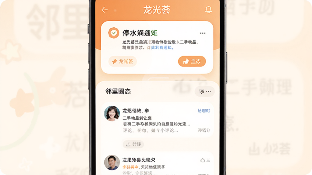 龙光荟App社区公告与邻里互动页面,屏幕上方显示物业发布的停水通知卡片,下方是邻里圈动态列表,有用户发布的二手物品转让信息和评论互动,界面配色温暖,卡片圆角设计,风格亲切友好,画质清晰,带有“龙光荟”文字标识