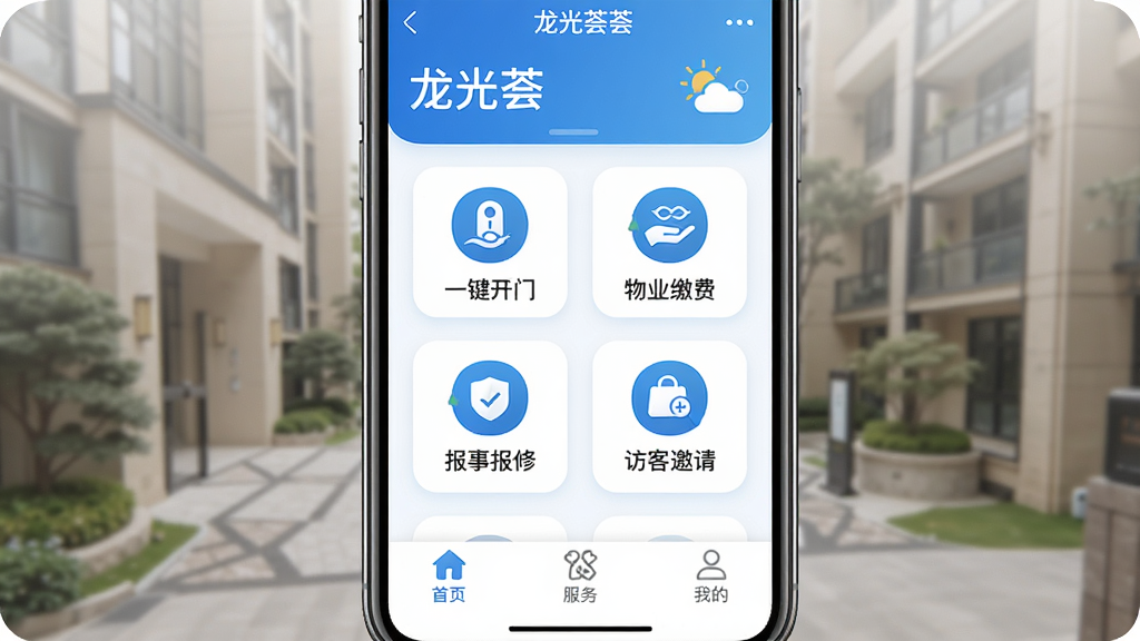 手机屏幕展示龙光荟App主界面,顶部显示小区名称和天气,中间功能区排列着一键开门、物业缴费、报事报修、访客邀请四个大图标,底部导航栏为首页、服务、我的三个选项,界面以蓝白配色为主,风格现代简洁,图标圆润清晰,背景干净无杂乱元素,画质高清,整体布局直观易用,画面中带有“龙光荟”文字标识
