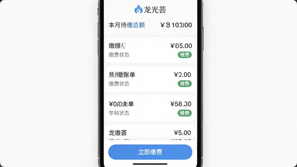 龙光荟App物业缴费页面截图风格,屏幕显示待缴账单列表,每项费用旁边有金额和缴费状态标签,顶部有本月待缴总额汇总,底部有立即缴费按钮,界面以白色卡片式布局为主,配色清爽,文字清晰易读,整体风格简洁专业,画质高清,画面中带有“龙光荟”文字标识