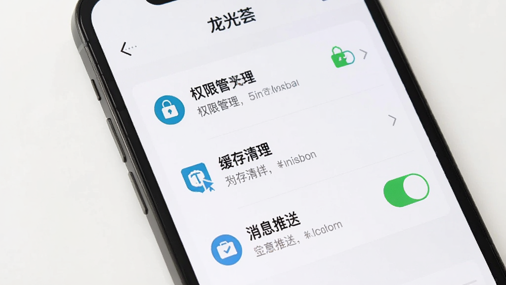 手机屏幕展示龙光荟App设置页面,屏幕上有权限管理、缓存清理、消息推送开关等选项,每个选项旁边有对应的图标和说明文字,界面以白色背景为主,列表式布局清晰明了,风格简洁实用,画质干净,带有“龙光荟”文字标识