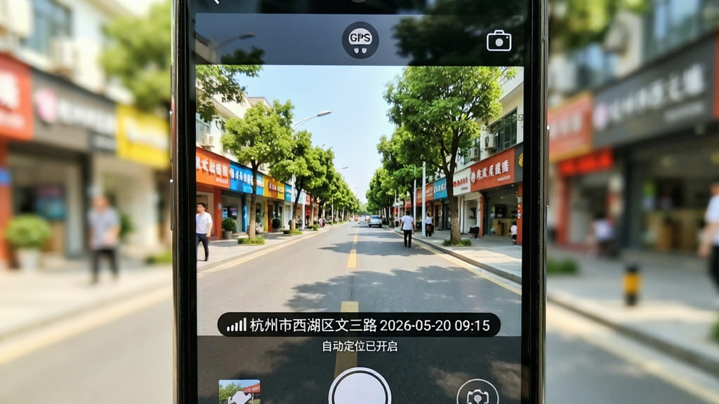 手机拍摄界面,画面中相机正对一条街道,水印自动显示“杭州市西湖区文三路 2026-05-20 09:15”,屏幕上方有GPS信号图标,下方有“自动定位已开启”的小字提示,整体布局清晰,取景画面明亮,水印条半透明黑底白字,风格现代,画质干净,无杂乱元素