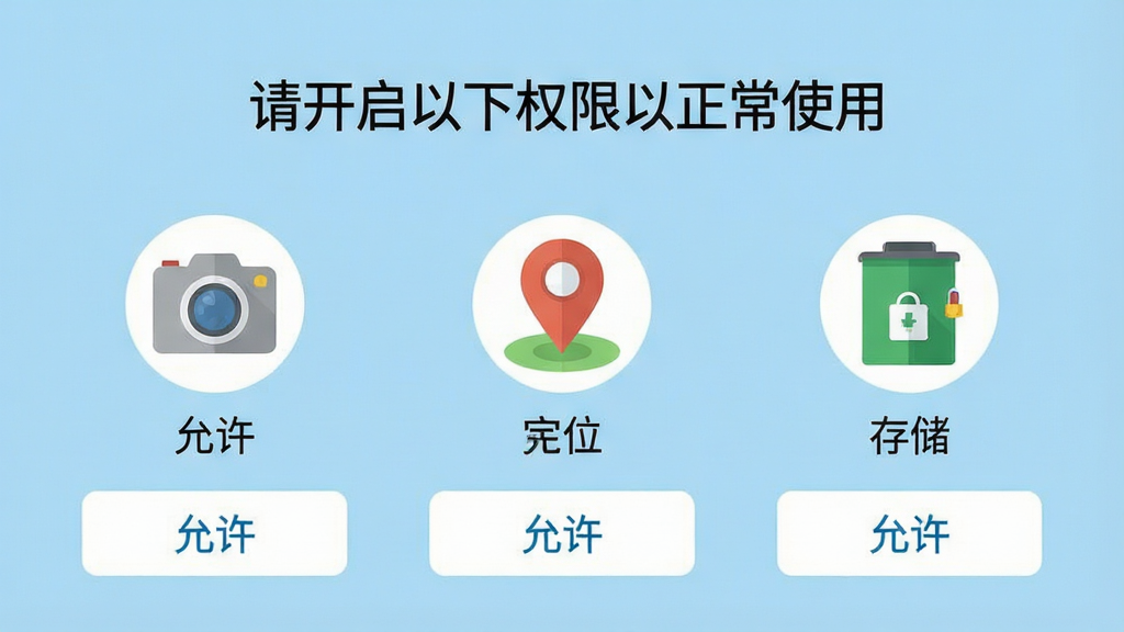 手机屏幕截图,展示水印相机免费定位的权限设置引导页面,画面中有三个图标分别代表相机、定位、存储,每个图标下方有“允许”按钮,页面顶部有文字“请开启以下权限以正常使用”,背景为浅蓝色,图标为扁平化设计,文字清晰,布局简洁,画质干净,无多余元素