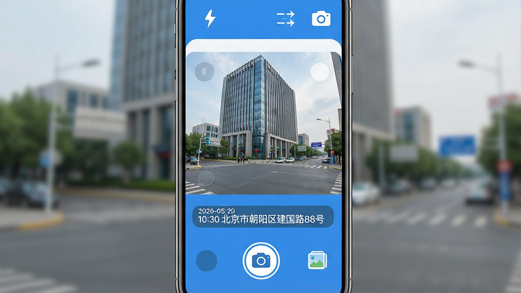 一张手机屏幕展示水印相机免费定位应用的主界面,画面中央是相机取景框,取景框内显示一栋写字楼和街道,取景框下方有日期时间地点水印条,水印文字显示“2026-05-20 10:30 北京市朝阳区建国路88号”,界面底部有拍照按钮和相册入口,顶部有闪光灯和切换摄像头图标,整体风格简洁清爽,蓝白配色,图标圆润,画质干净,无多余元素