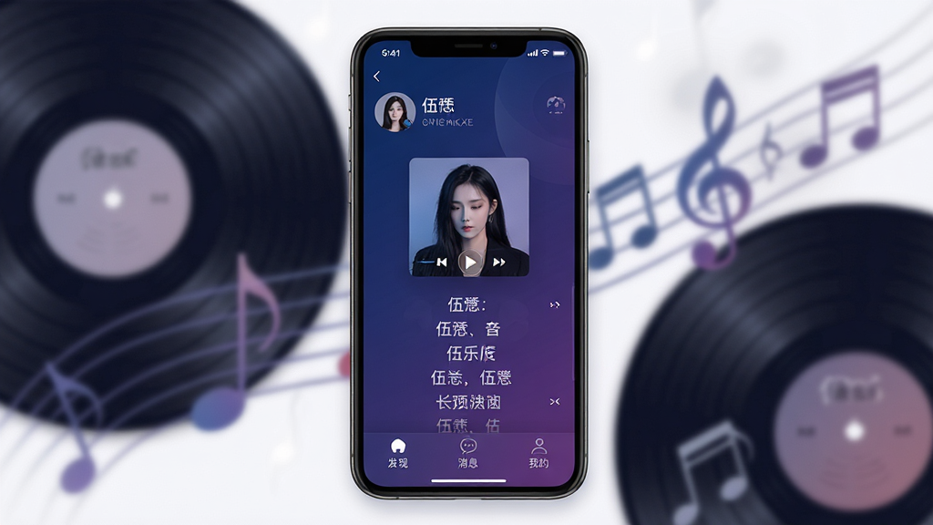 伍 音乐社交App主界面展示,画面中央是手机屏幕,显示“伍”应用的主页,主页顶部是用户头像和昵称,中间是当前播放的歌曲封面和歌词滚动区域,底部是发现、消息、我的三个选项卡,界面以深蓝色和紫色渐变为主色调,风格现代简约,背景是模糊的唱片和音符元素,画质干净清晰,无多余元素