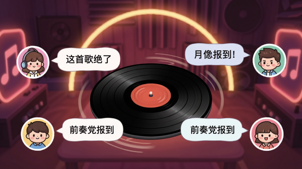 伍 音乐房间功能界面,画面中展示一个虚拟的音乐房间,房间中央有一个旋转的黑胶唱片,周围环绕着几个用户的卡通头像,每个头像旁边有气泡显示正在发送的弹幕文字,如“这首歌绝了”、“前奏党报到”,界面背景是温暖的霓虹灯光晕,风格活泼可爱,画质清晰,无多余元素