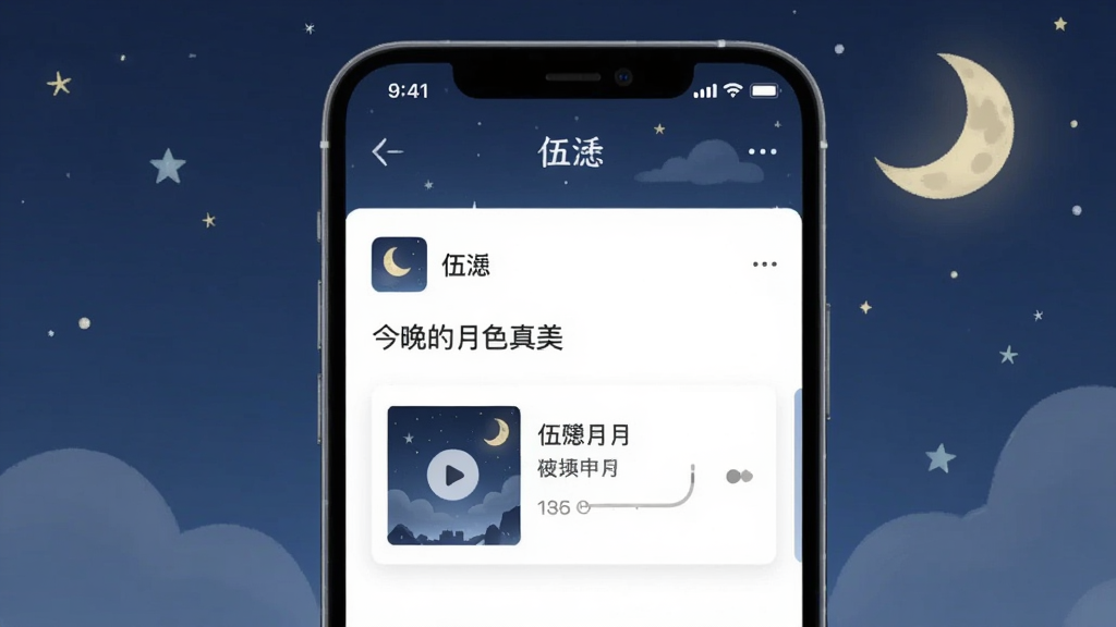 伍 情绪电台动态页面,画面展示一个手机屏幕,屏幕上是一条用户发布的动态,文字内容为“今晚的月色真美”,下方嵌入了一张歌曲播放卡片,卡片上有播放按钮和歌曲信息,屏幕背景是静谧的夜空和月亮插画,风格文艺清新,画质干净,无多余元素
