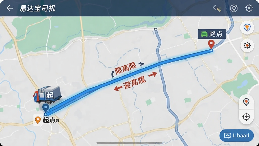 易达宝司机 路线导航界面 地图上显示货车可行路线 避开限高限宽路段 起点终点明确 界面简洁 蓝色路线高亮