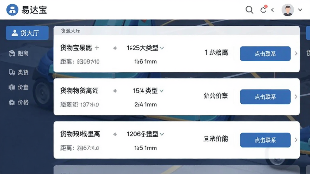 易达宝司机 货源大厅界面 列表展示多条货运信息 包含距离 货物类型 价格 点击联系按钮 现代扁平风格 清晰易读