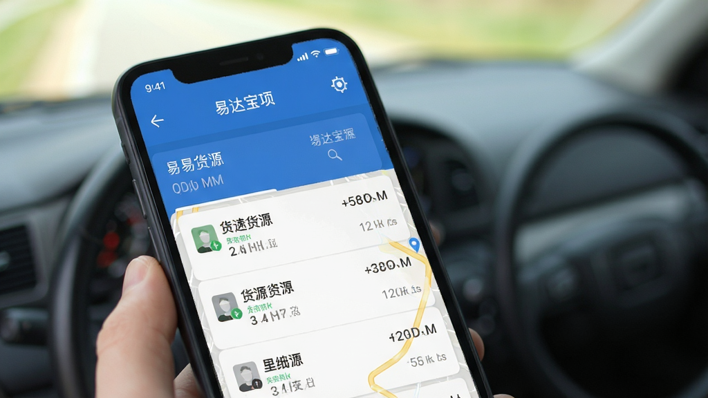 易达宝司机 手机应用界面 主屏幕 显示货源列表和地图定位 蓝白配色 扁平化设计 干净清爽 无多余元素 画质清晰