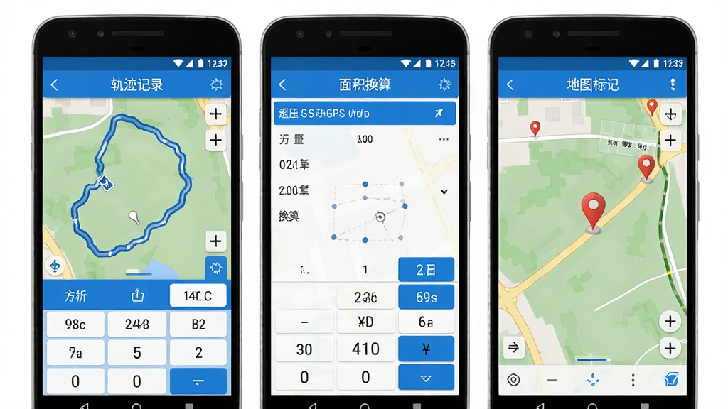 手机测亩仪GPS工具箱 功能界面合集 主体为三部安卓手机并排展示 分别显示轨迹记录界面、面积换算界面和地图标记界面 布局为横向排列 每部手机屏幕内容清晰可辨 风格统一为蓝白配色工具风 细节包含轨迹线条、换算数字键盘和地图定位图钉 画质高清 干净 无多余元素