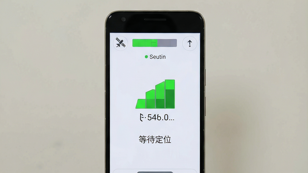手机测亩仪GPS工具箱 新手操作示意图 主体为一部安卓手机 屏幕显示测量前的GPS信号校准界面 布局为手机居中 上方有卫星信号强度条 下方有“等待定位”文字提示 风格简洁教程风 细节包含绿色信号满格图标和精度数值 画质清晰 干净 无多余元素
