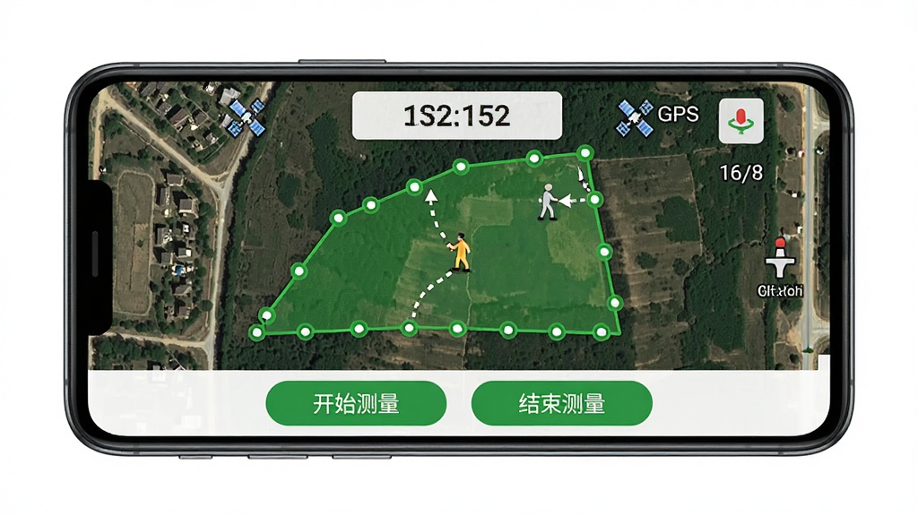 手机测亩仪GPS工具箱 地块测量功能演示 主体为一部安卓手机横屏显示 屏幕内呈现卫星地图视角 地图上有绿色多边形地块轮廓 轮廓线上有行走轨迹点 布局为手机居中 上方显示实时面积数值 下方显示“开始测量”和“结束测量”按钮 风格写实工具类 细节包含GPS卫星图标和精度显示 画质清晰 干净 无多余元素