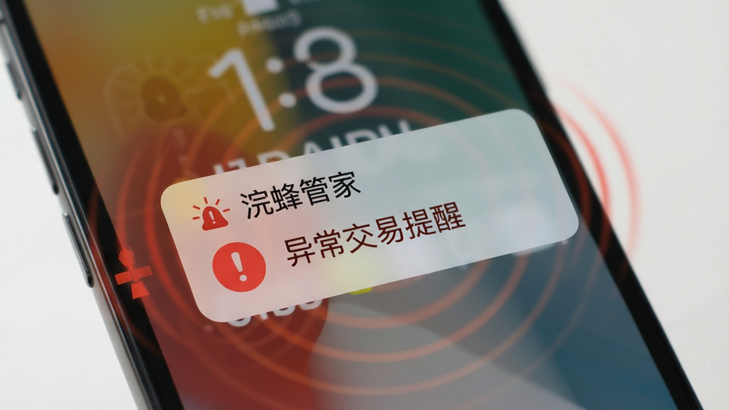 手机屏幕上弹出“浣蜂管家”的预警通知卡片,卡片上有红色感叹号图标和“异常交易提醒”字样,背景是手机锁屏界面,周围有淡淡的警报波纹效果,设计简洁醒目,无多余装饰,高清画质