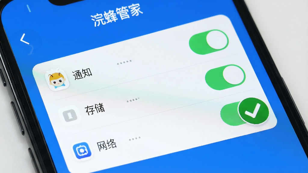 手机屏幕显示“浣蜂管家”的应用权限设置页面,通知、存储、网络权限开关都处于开启状态,界面清晰,旁边有一个绿色对勾图标表示设置完成,背景简洁,蓝白色调,无多余元素,高清画质