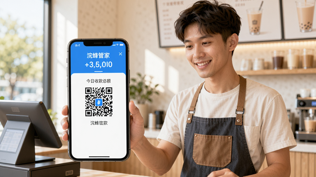 一个穿着围裙的年轻奶茶店老板站在收银台后面,面带微笑看着手机屏幕,手机屏幕上显示着“浣蜂管家”的收款界面,界面以蓝白色调为主,顶部有今日收款总额,中间是收款二维码,背景是温馨的奶茶店环境,明亮的自然光线,现代扁平化设计风格,画面干净整洁,无多余杂物,高清画质