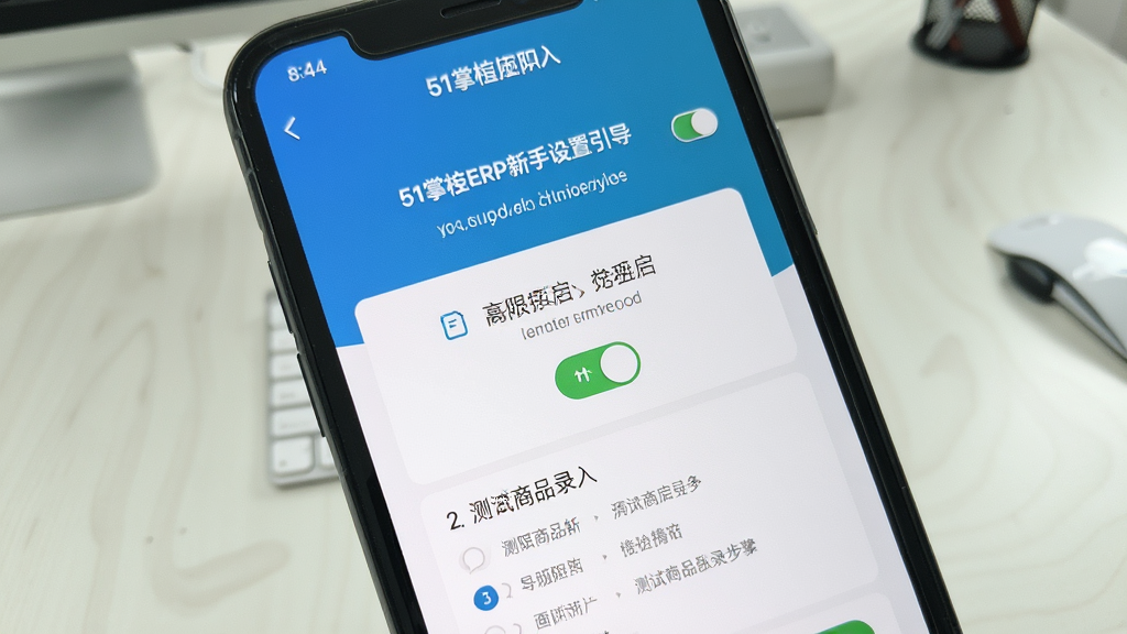 一张展示51掌柜ERP新手设置引导界面的手机截图,画面主体是手机屏幕,屏幕上显示着权限开启提示和测试商品录入步骤,背景是简洁的桌面,布局采用手机界面特写排版,风格是扁平化引导页风格,细节上可见权限开关图标和步骤数字,画质干净,无多余元素