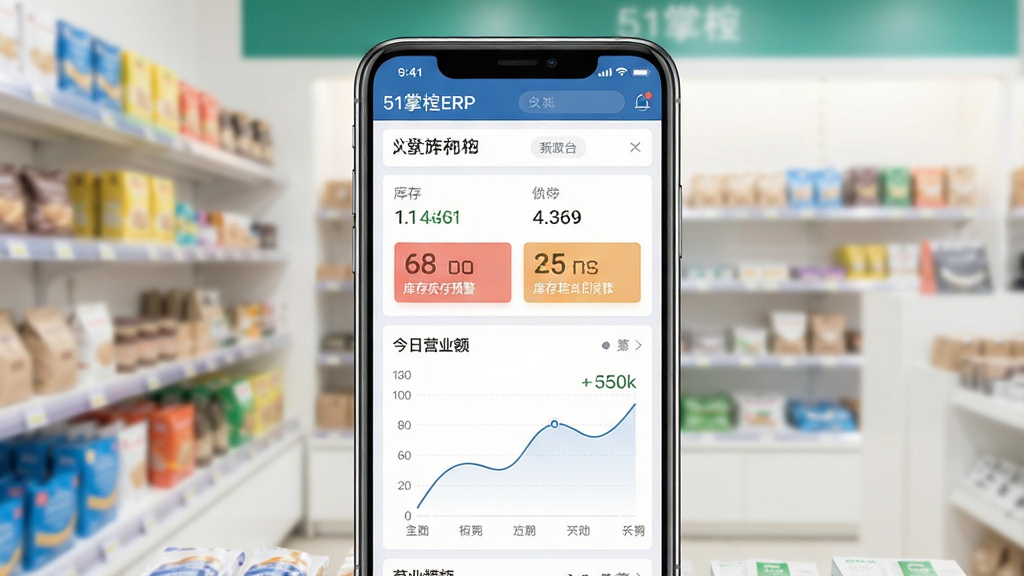 一张展示51掌柜ERP软件核心全貌的手机应用界面截图,画面中央是一部现代智能手机,屏幕上清晰显示着51掌柜ERP的主操作台,背景是简洁的店铺货架虚化图,主体突出手机屏幕上的数据看板,布局采用居中构图,排版清晰明了,风格是写实的移动应用展示风格,细节上屏幕内可见库存预警数字和今日营业额曲线,画质高清,干净,无多余元素