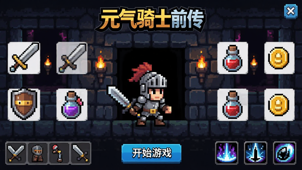 一款名为「元气骑士前传」的像素风格手机游戏主界面,画面中央是手持武器的骑士角色站在地牢入口,周围环绕着剑、盾牌、药水瓶和金币等像素图标,背景是幽暗的地下城通道与火把,整体布局为横版游戏登录界面,顶部显示游戏Logo,底部有开始游戏按钮,风格为复古像素艺术,细节包含角色装备栏与技能图标,画质清晰明亮,干净无多余元素