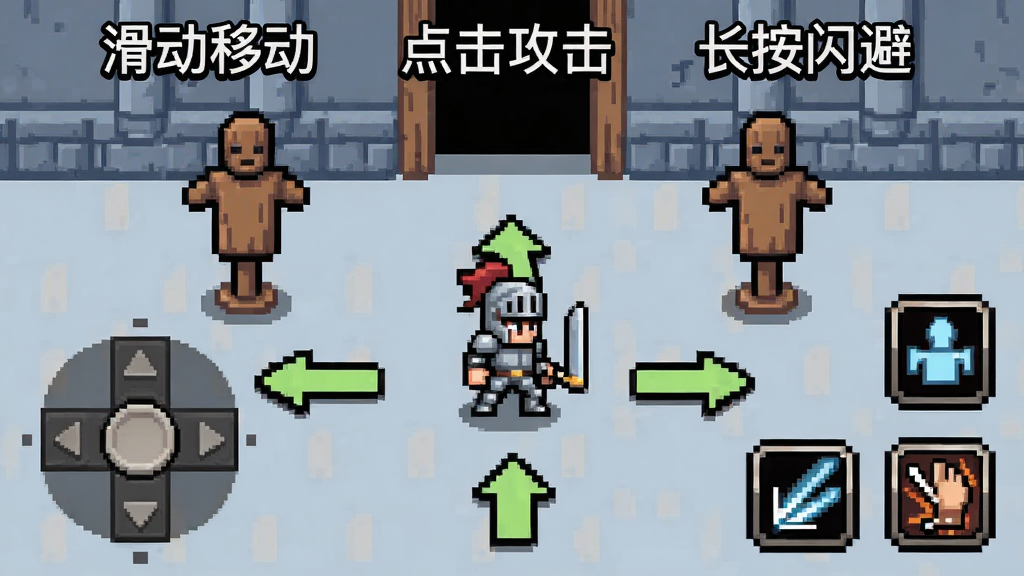 像素风格游戏新手教程界面,画面中一个骑士角色站在训练场中央,周围有木桩假人和指示箭头,屏幕上方有文字提示「滑动移动」「点击攻击」「长按闪避」,整体布局为教学引导界面,风格为复古像素游戏,细节包含虚拟摇杆和技能按钮图标,画质清晰,干净无多余元素