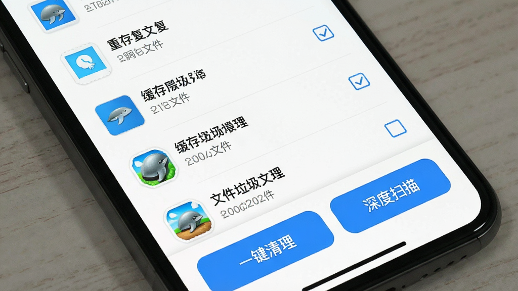 易海豚App的文件清理功能界面,手机屏幕显示扫描出的重复文件和缓存垃圾列表,每个文件旁边有勾选框,底部有“一键清理”和“深度扫描”两个蓝色按钮,界面风格简洁扁平,背景为白色,文字清晰,画质干净无多余元素