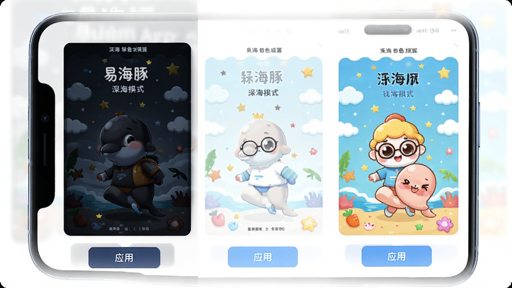 易海豚App的主题设置界面,手机屏幕展示多款主题预览图,包括深色模式、浅色模式和卡通风格,每款主题下方有“应用”按钮,界面布局整齐,风格活泼,色彩鲜明,画质干净清晰,无多余元素