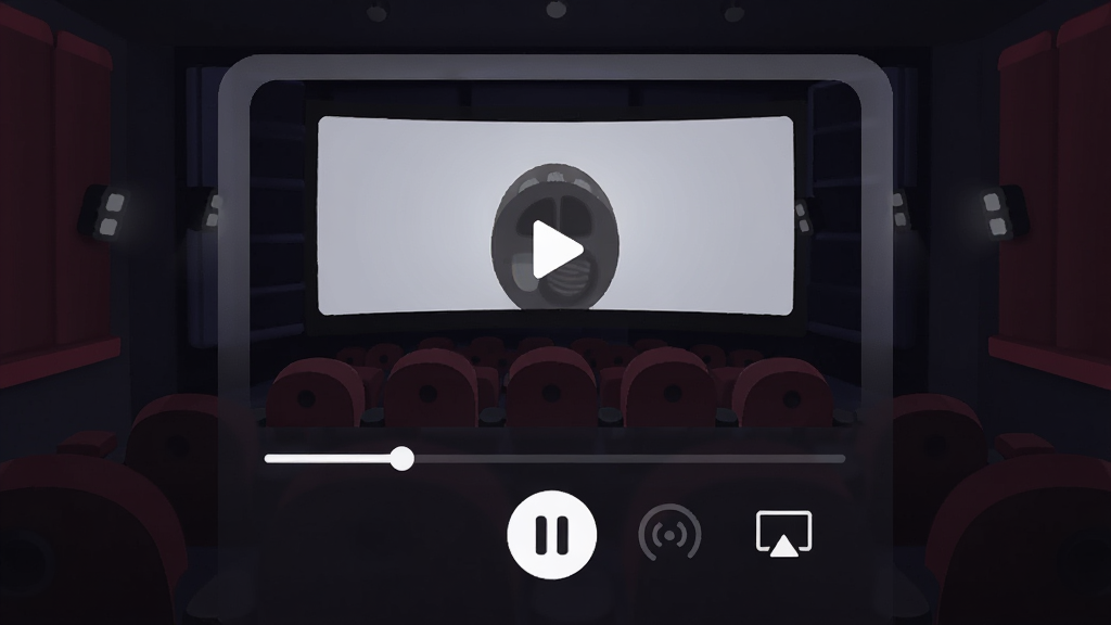 ��Ӱ����APP���Ž���չʾ��������������Ƶ���Ŵ��ڣ��·��н�������������ͣ��ť�����ٺ�Ͷ��ͼ�꣬��������ɫӰԺ��񣬲��ּ��ֱ�ۣ�����ִ���ƽ��ϸ��Բ�󣬻��ʸɾ��޶���Ԫ��