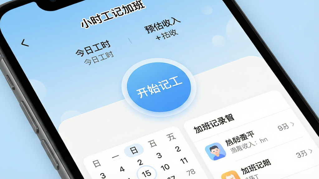 一张手机屏幕特写,画面中央展示“小时工记加班”APP的主界面,顶部显示今日工时和预估收入,中间是醒目的“开始记工”圆形按钮,下方排列着日历视图和加班记录列表,背景是温馨的浅蓝渐变,风格简洁现代,图标圆润,画质清晰干净,无多余元素