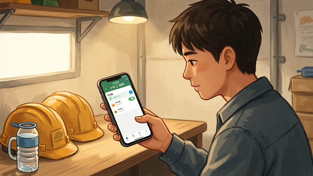 一张手机使用场景插画,画面中一位年轻人坐在工棚或休息室里,手里拿着手机正在使用“小时工记加班”APP记录工时,周围有安全帽和水杯,背景温馨真实,风格写实插画,画质清晰,无多余元素
