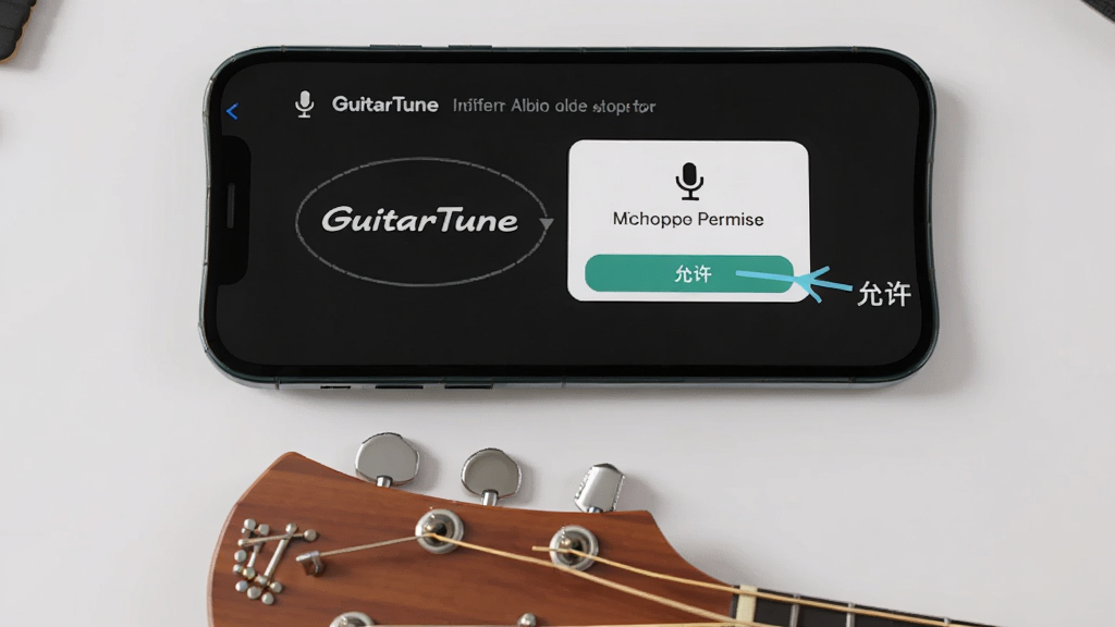 一张展示GuitarTune新手使用步骤的图片,画面中一部手机屏幕显示着麦克风权限授权弹窗,旁边有箭头指向“允许”按钮,手机下方放着一把吉他的琴头,背景是简洁的浅色桌面,风格清新,画质干净,图片中带有“GuitarTune”文字标识