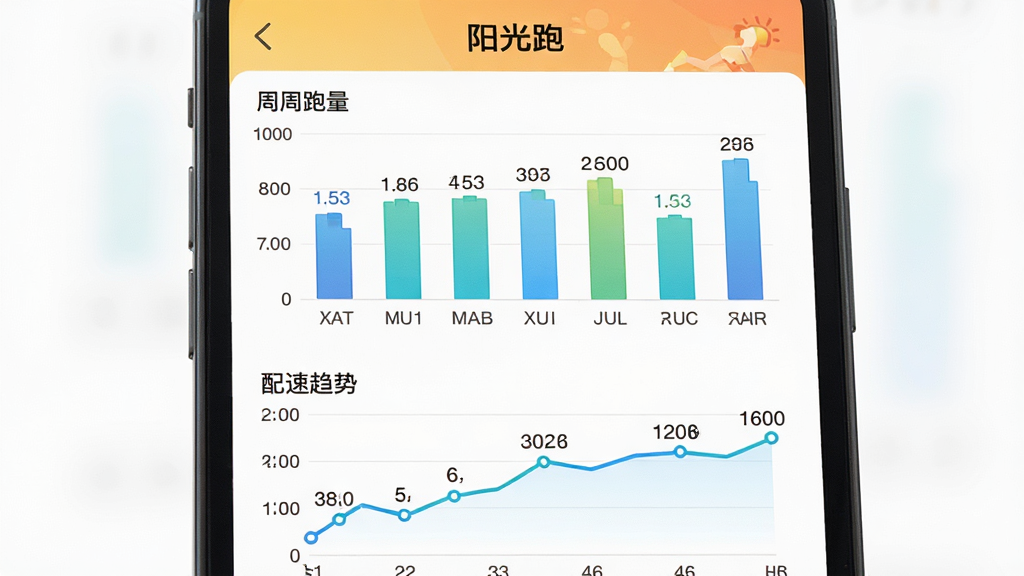 阳光跑 数据统计图表展示,主体为手机屏幕显示周运动数据柱状图和配速趋势折线图,布局为上方周跑量柱状图,下方配速折线图,排版整齐,风格清爽数据可视化,细节包含日期标签和数值标注,画质干净无多余元素,图表上方带有“阳光跑”标题
