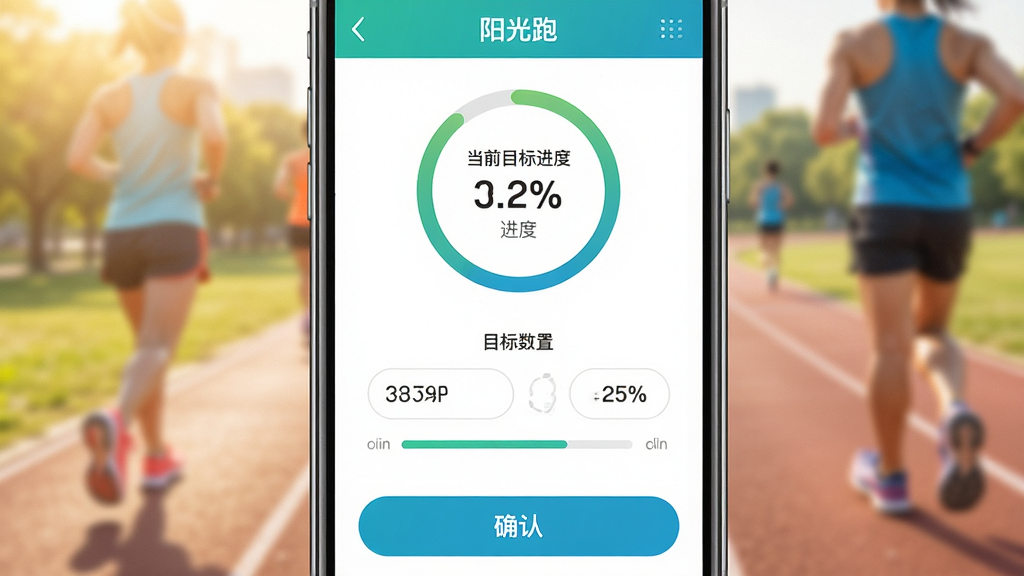 阳光跑 运动目标设置界面展示,主体为手机屏幕显示目标设定页面,布局为顶部显示当前目标进度环,中间是目标数值调整区域,底部是确认按钮,排版居中对称,风格清新运动风,细节包含公里数输入框和进度百分比,画质干净无多余元素,页面顶部显示“阳光跑”