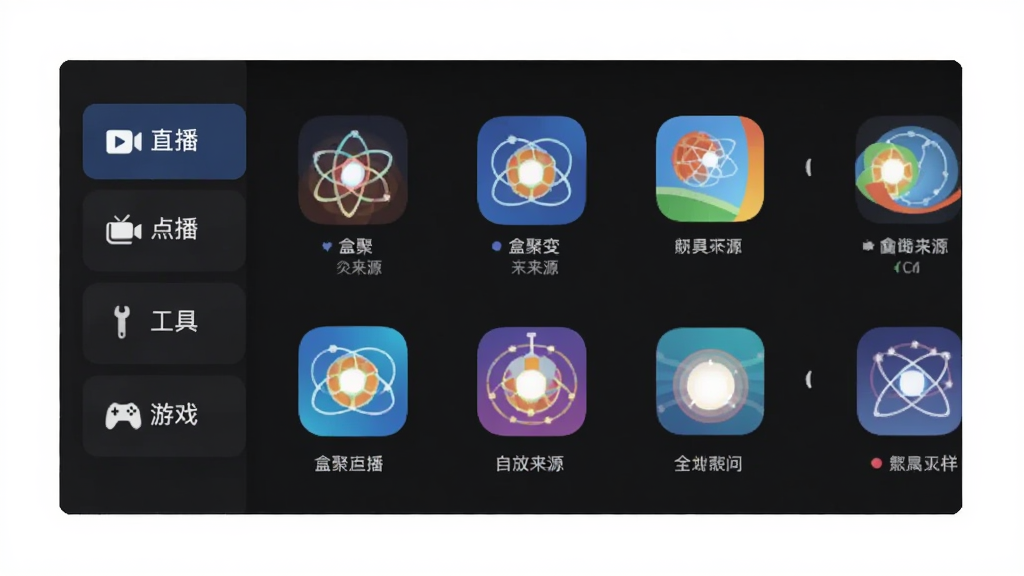 盒聚变应用分类界面,画面中是一个横向滚动的应用列表,左侧是直播、点播、工具、游戏等分类标签,右侧是对应的应用图标,图标下方标注应用名称和来源,背景是深色主题,文字清晰,布局整齐,风格现代扁平,画质干净无多余元素