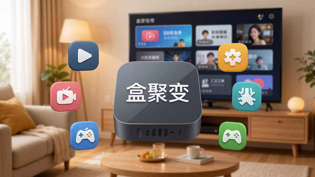 盒聚变应用主界面展示,画面中央是一个电视盒子造型的图标,图标上写着“盒聚变”三个字,周围环绕着影视、直播、工具、游戏等彩色小图标,背景是温馨的客厅环境,电视屏幕上显示着应用列表,整体风格简洁明快,画质清晰干净,无多余元素