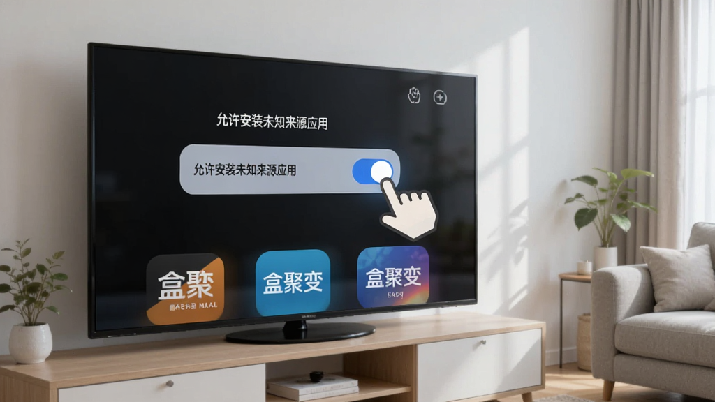 盒聚变新手设置界面,画面中是一台电视屏幕,屏幕上显示“允许安装未知来源应用”的开关按钮,旁边有手指点击的图标,下方是盒聚变的应用图标,背景是客厅环境,风格简洁明了,画质清晰干净,无多余元素
