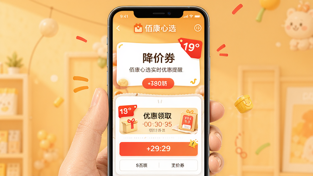 �ۿ���ѡʵʱ�Ż����ѽ��棬�ֻ���Ļ��ʾ����֪ͨ���Ż�ȯ��ȡҳ�棬�к�ɫ�ۿ۱�ǩ�͵���ʱԪ�أ�������ůɫ�������������죬ϸ�����������ʸɾ��޶���Ԫ��