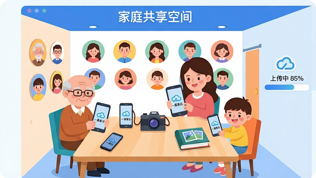 һ��չʾ��һ�����ơ���ͥ�������ܵı�ƽ���廭������������һ�����С���ͥ�����ռ䡱�����ⷿ�䣬����ǽ���Ϲ����˲�ͬ��ͥ��Ա��ͷ�񡣷���������һ�Ŵ����ӣ����Ϸ����ֻ����������ᡣ��λ��ͨ���ļ�ͥ��Ա�����ˡ���ĸ�����ӣ���Χ�������ԣ����������豸���豸��Ļ�϶���ʾ�š�һ�����ơ���ͼ�ꡣ�����Ҳ���һ����������ʾ���ϴ��� 85%������������ܰ���ִ���ɫ�����������ʸɾ����޶���Ԫ�ء�