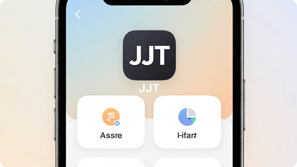 һ���ֻ���Ļչʾ���棬����������ʾ��JJT��Ӧ��ͼ��������棬������ǳɫ���䣬�����࣬��ɫ��Ƭʽ���֣�������������ͼ������ֱ�ǩ������ִ���ƽ��ϸ��Բ�󣬻��ʸɾ��������޶���Ԫ��