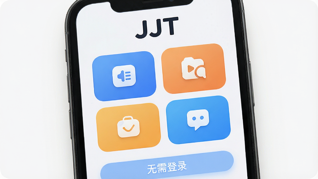 �ֻ�����չʾJJTӦ����ҳ�������С�JJT����ʶ���м��ǹ��ܿ�Ƭ���񣬵ײ��С������¼�������������ɾ���ǳɫ���⣬ͼ��Բ���Ű����룬�����������޶���Ԫ��