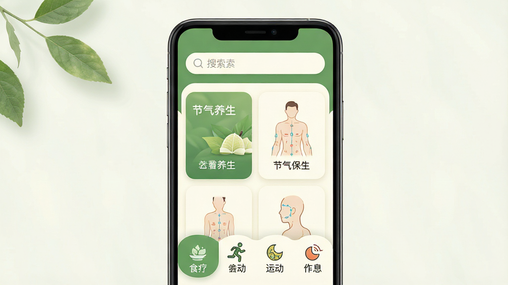 一张展示手机应用“养生保健”主界面的图片,画面中央是一部现代智能手机,屏幕显示“养生保健”应用首页,布局为顶部搜索栏,中间是节气养生卡片和穴位按摩图标,底部是食疗、运动、作息四个功能标签,整体配色以绿色和米白色为主,风格清新自然,细节圆润,画质干净,无多余元素。