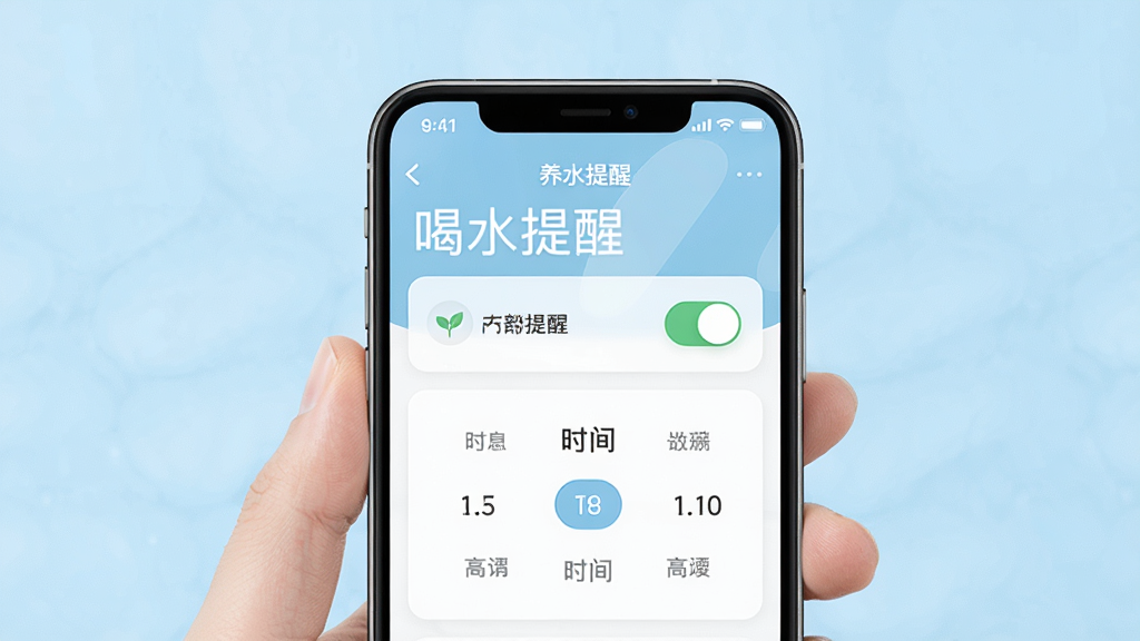 一张展示“养生保健”应用作息提醒功能的图片,画面中央是手机屏幕显示喝水提醒设置界面,有开关按钮和时间选择器,背景是浅蓝色,风格简洁现代,细节清晰,画质干净,无多余元素。