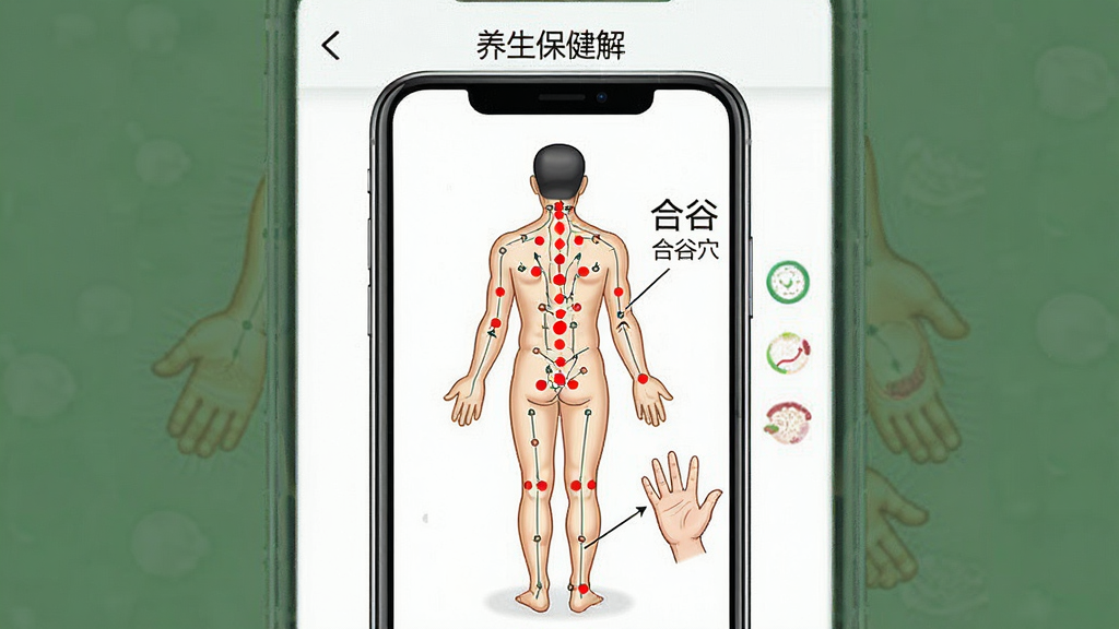 一张展示“养生保健”应用穴位图解功能的图片,画面中央是手机屏幕显示人体穴位图,图上用红色圆点标注穴位位置,旁边有文字说明“合谷穴”和按摩手法,背景是白色简洁界面,风格医学插图感,细节清晰,画质干净,无多余元素。
