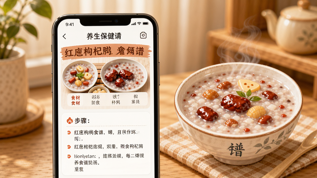 一张展示“养生保健”应用食疗食谱功能的图片,画面中央是手机屏幕显示红枣枸杞粥食谱页面,页面上有食材列表和步骤说明,旁边配有一碗粥的插图,背景是暖色调,风格温馨居家,细节清晰,画质干净,无多余元素。