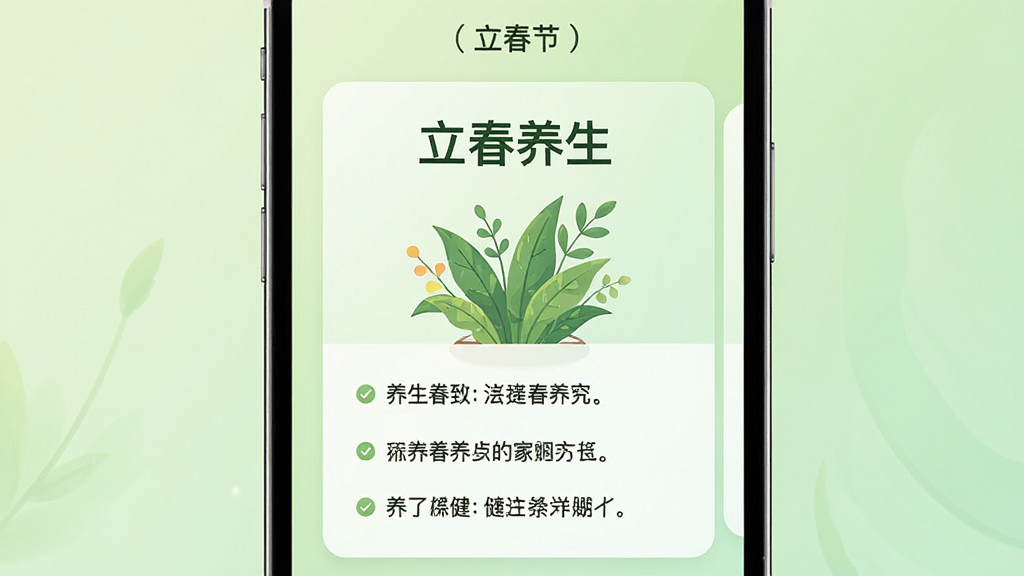 一张展示“养生保健”应用节气推送功能的图片,画面中央是手机屏幕特写,屏幕显示立春节气养生卡片,卡片上有“立春养生”标题和绿色植物插图,下方列出三条养生建议文字,背景是淡绿色渐变,风格简约清新,细节清晰,画质干净,无多余元素。