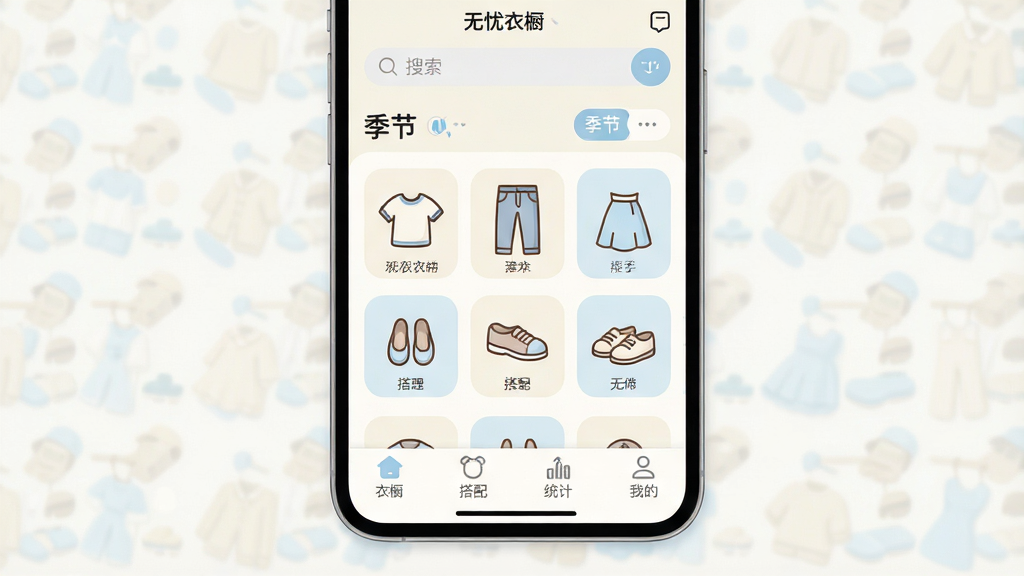 һ��չʾ�������³���App��������ֻ���Ļ��ͼ����������������ĵ����³��������񣬰������¡����ӡ�ȹ�ӡ�Ь�ӵ�ͼ�꣬�������������ͼ���ɸѡ��ť���ײ����������³������䡢ͳ�ơ��ҵ��ĸ�ѡ����������¼�Լ�����װ�ɫ�͵���ɫΪ��ɫ����ͼ��Բ��ɰ������ʸɾ��������޶���װ��Ԫ�ء�