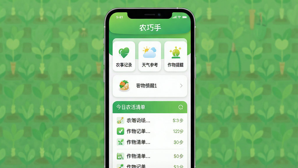 ũ����App������ȫòչʾ�������������ֻ���Ļ����Ļ����ʾũ����Ӧ����ҳ������Ϊ��ɫ���������д�š�ũ���֡����м俨Ƭʽ����������ũ�¼�¼�������ο���������������������ڣ��·��ǽ���ũ���嵥�б���������ɫ����ɫ�Ͱ�ɫΪ����������¼�Լ����ƽ����ƣ�ϸ��Բ�󣬸ɾ��޶���Ԫ�أ����廭��