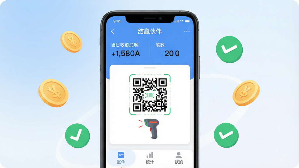 软件核心全貌展示图,画面中央是一部智能手机,屏幕上清晰显示“结赢伙伴”的收款主界面,顶部有当日收款总额和笔数,中间是醒目的收款二维码和扫码枪图标,底部有账单、统计和我的三个选项卡。手机周围环绕着几枚漂浮的金色硬币和绿色的对勾图标,背景是柔和的蓝白渐变,风格现代扁平,细节圆润,画质干净明亮,无多余元素。