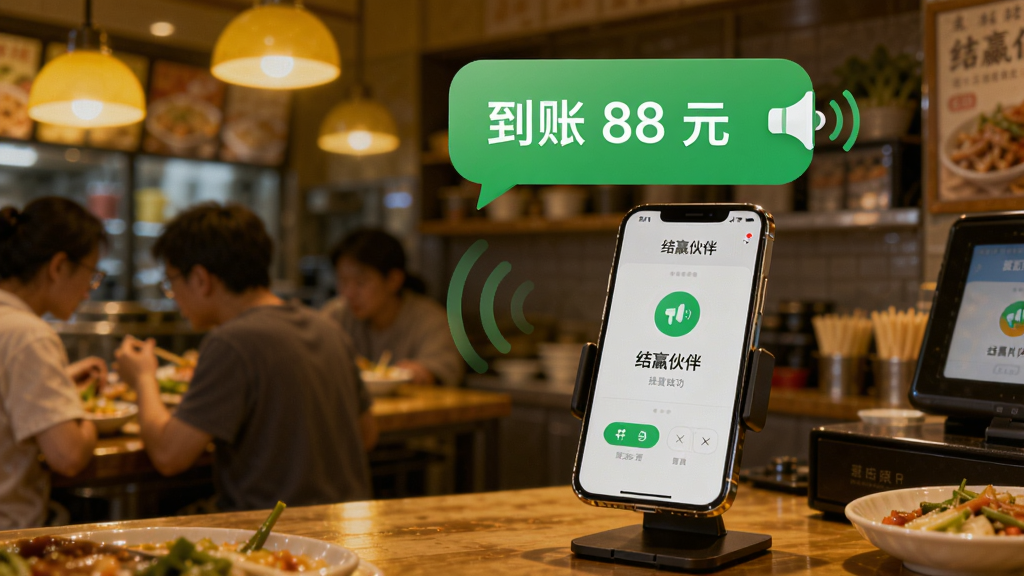 AI生图,画面主体是一个热闹的小吃店收银台,一部手机立在支架上,屏幕亮起显示“结赢伙伴”的收款成功界面,手机上方浮现出一个巨大的绿色语音气泡,气泡里写着“到账 88 元”,气泡旁边有一个小喇叭图标。背景是模糊的食客和暖黄色的灯光,风格写实且温馨,画质清晰,细节丰富,突出声音传播的视觉感,无多余杂乱元素。