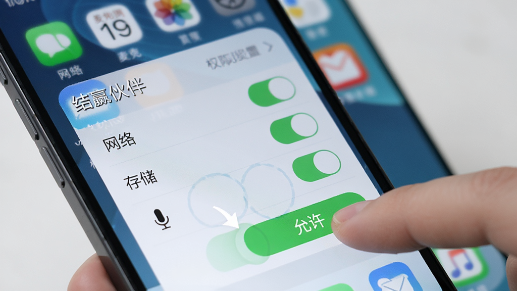 AI生图,画面是一个手机屏幕的特写,屏幕上显示“结赢伙伴”的应用权限设置界面,有网络、存储、麦克风等权限开关,旁边有一只手正在点击“允许”按钮。背景是模糊的手机桌面,风格清晰写实,画质干净,突出操作指引感,无多余元素。